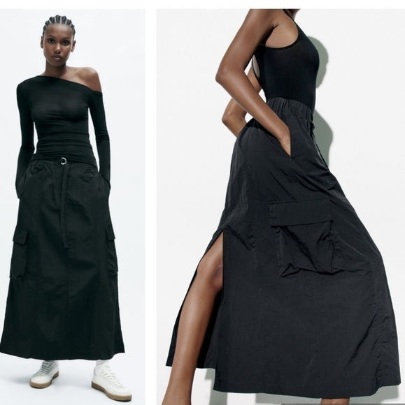 ZARA Nylon Black Long Cargo Skirt With Back Slit Size S.